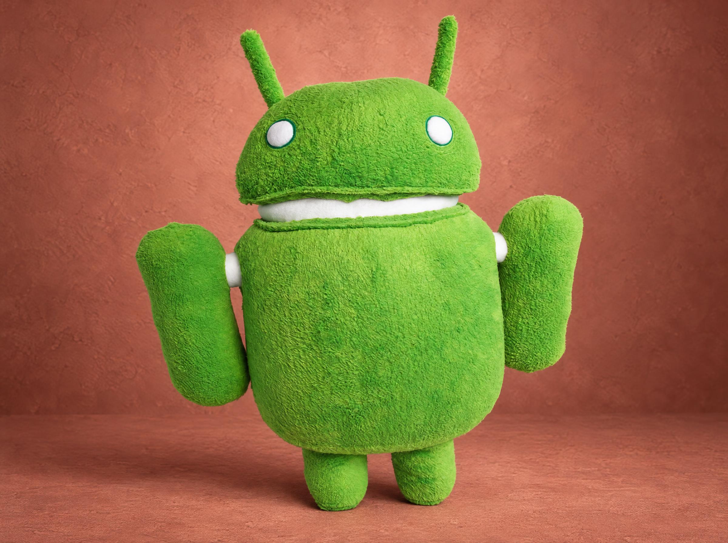 Green Android robot plush with two antennae and white eyes, handmade to order from the logo
