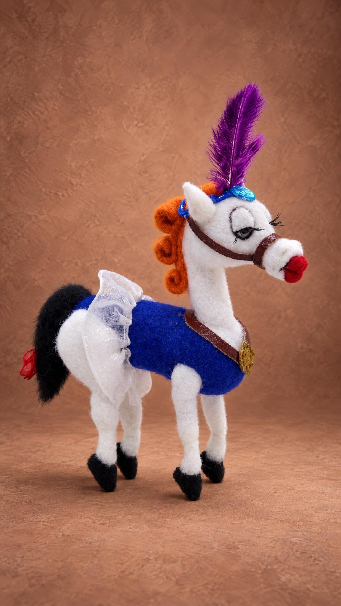 Cartoon horse plush Angela made to order by hand, soft white body, orange curls and a tall purple feather