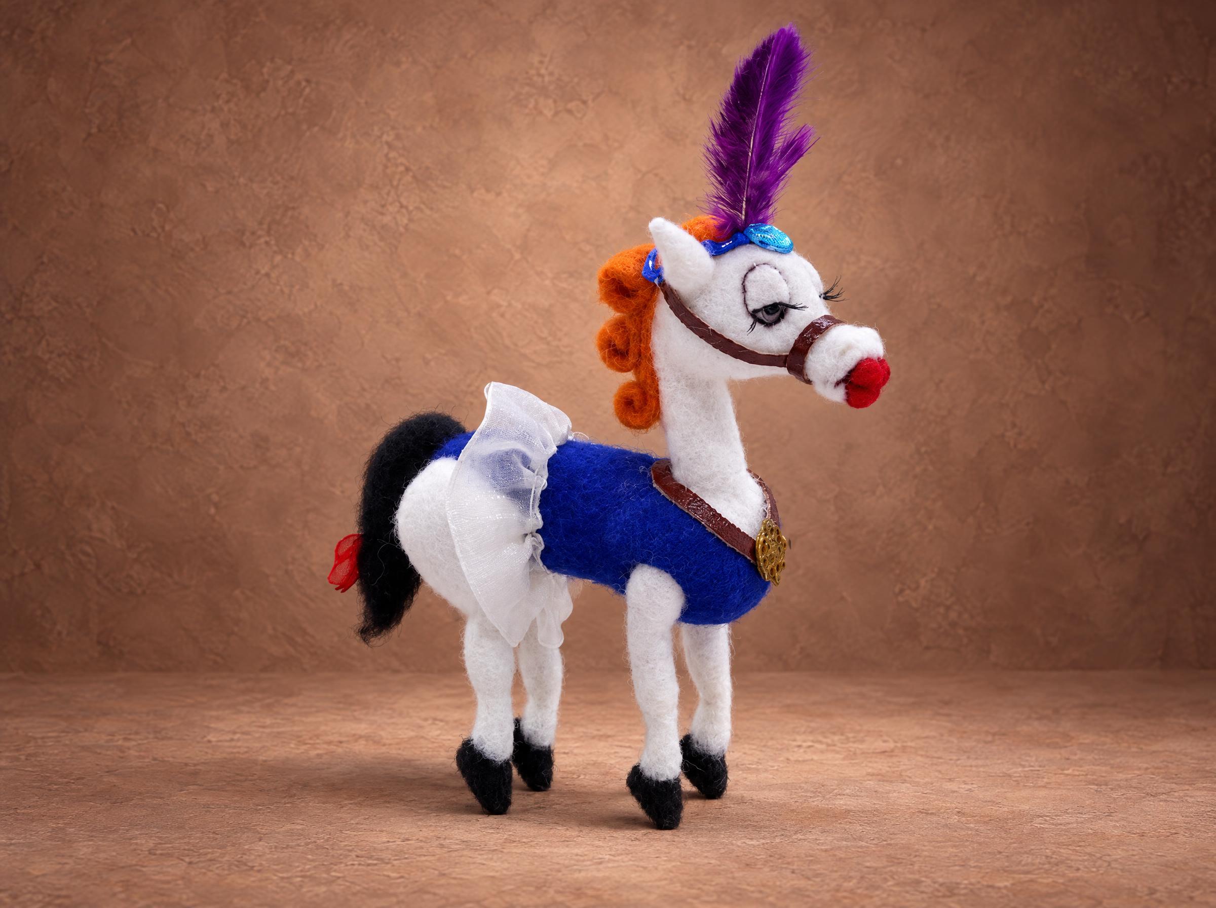 Custom horse plush of Angela from a Soviet cartoon, handmade to order: purple plume, red lips, blue saddle