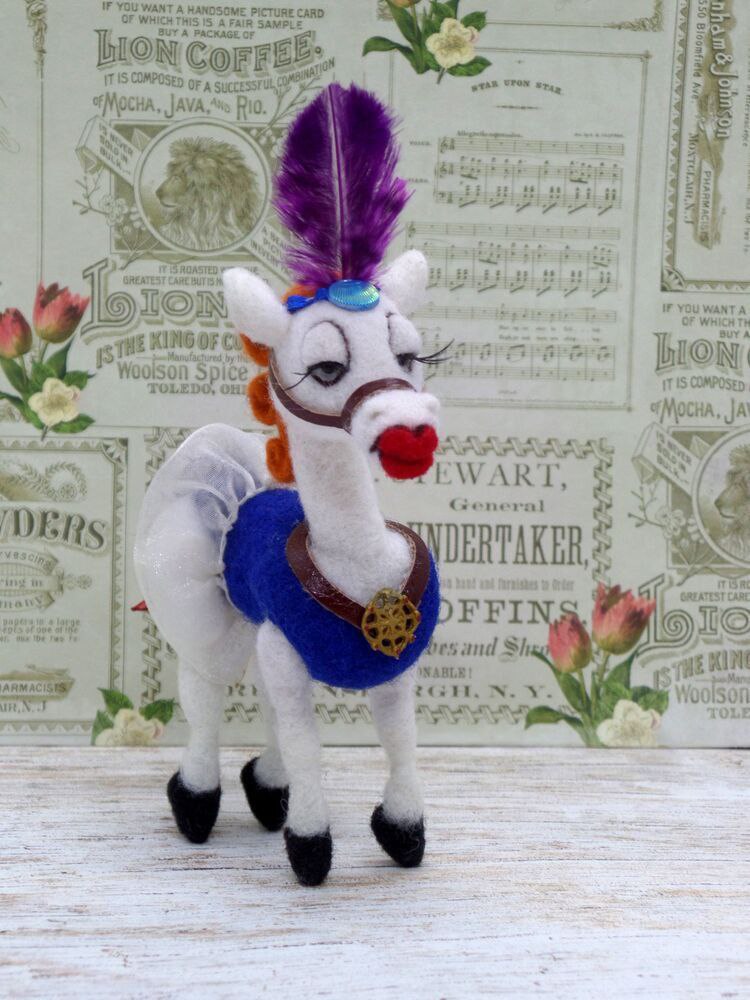 Angela circus horse plush with long lashes Angela circus horse plush, handmade to order, head turned with long lashes, red lips and a tall purple feather