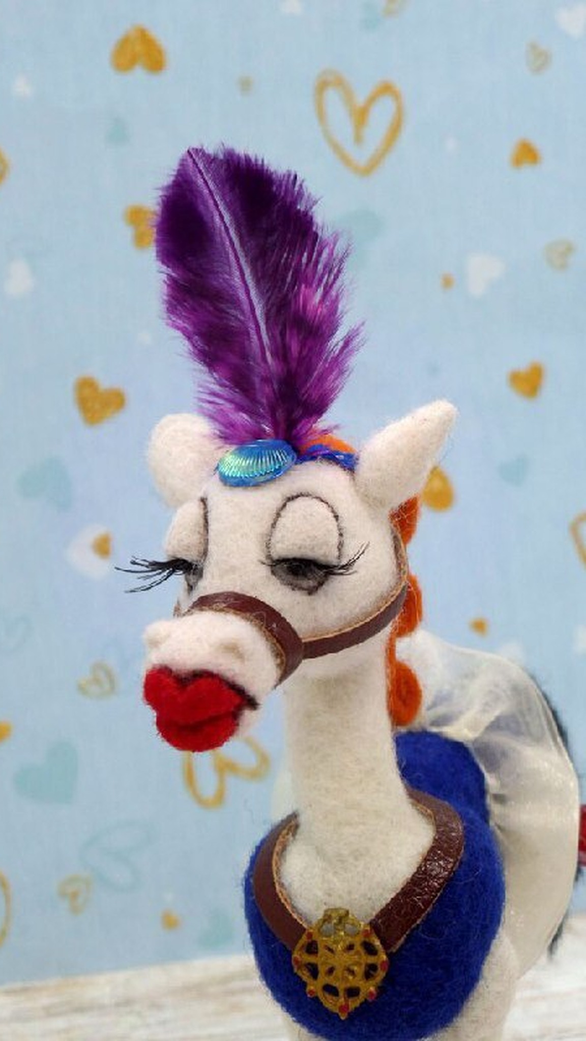 Angela horse plush made to order, purple feather plume, blue jewel band, long lashes and red lips