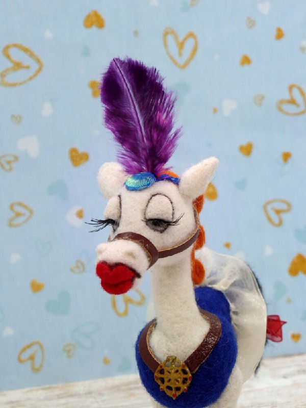 Angela horse plush with a purple feather Angela horse plush made to order, purple feather plume, blue jewel band, long lashes and red lips