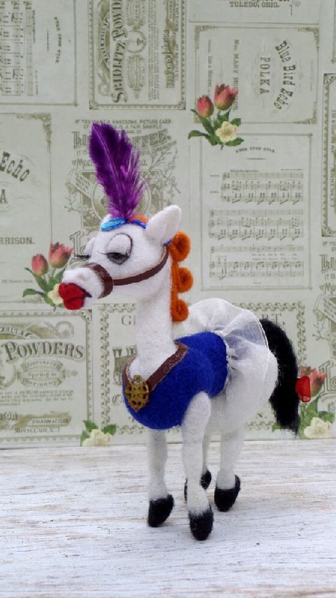 Angela horse plush from a 1977 cartoon, handmade to order with a white tulle skirt, black tail and red lips