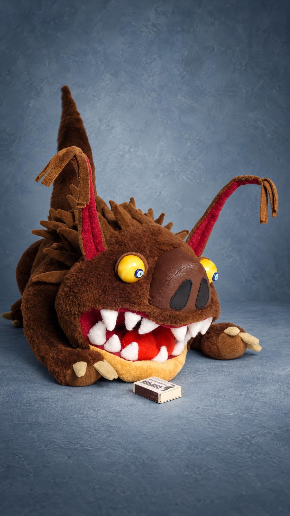 Custom cartoon monster plush made to order: toothy brown beast with red-lined feelers and a spiky suede crest