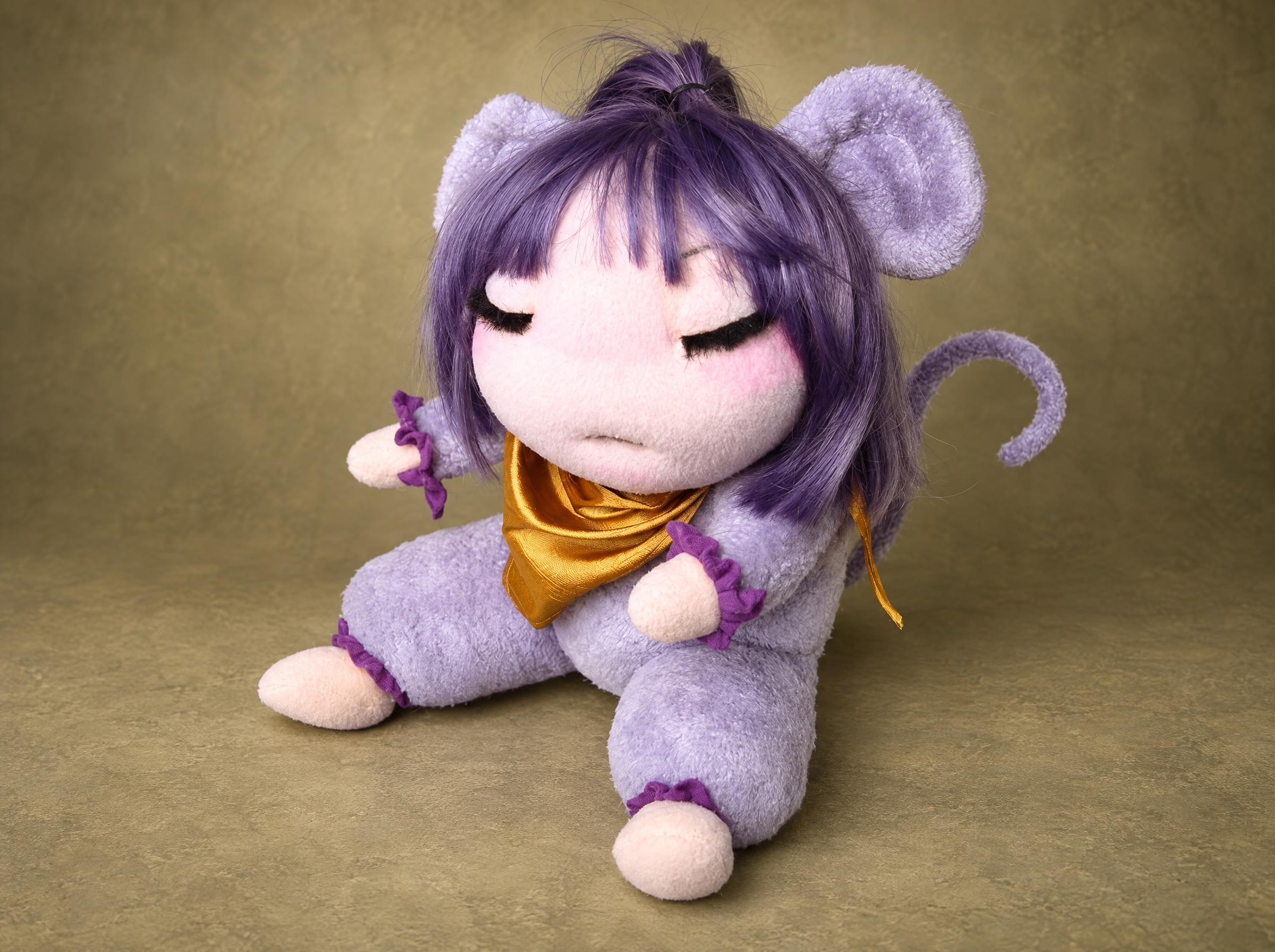 Anime mouse girl plush, handmade to order from a drawing: lilac mouse suit, violet hair, gold neckerchief