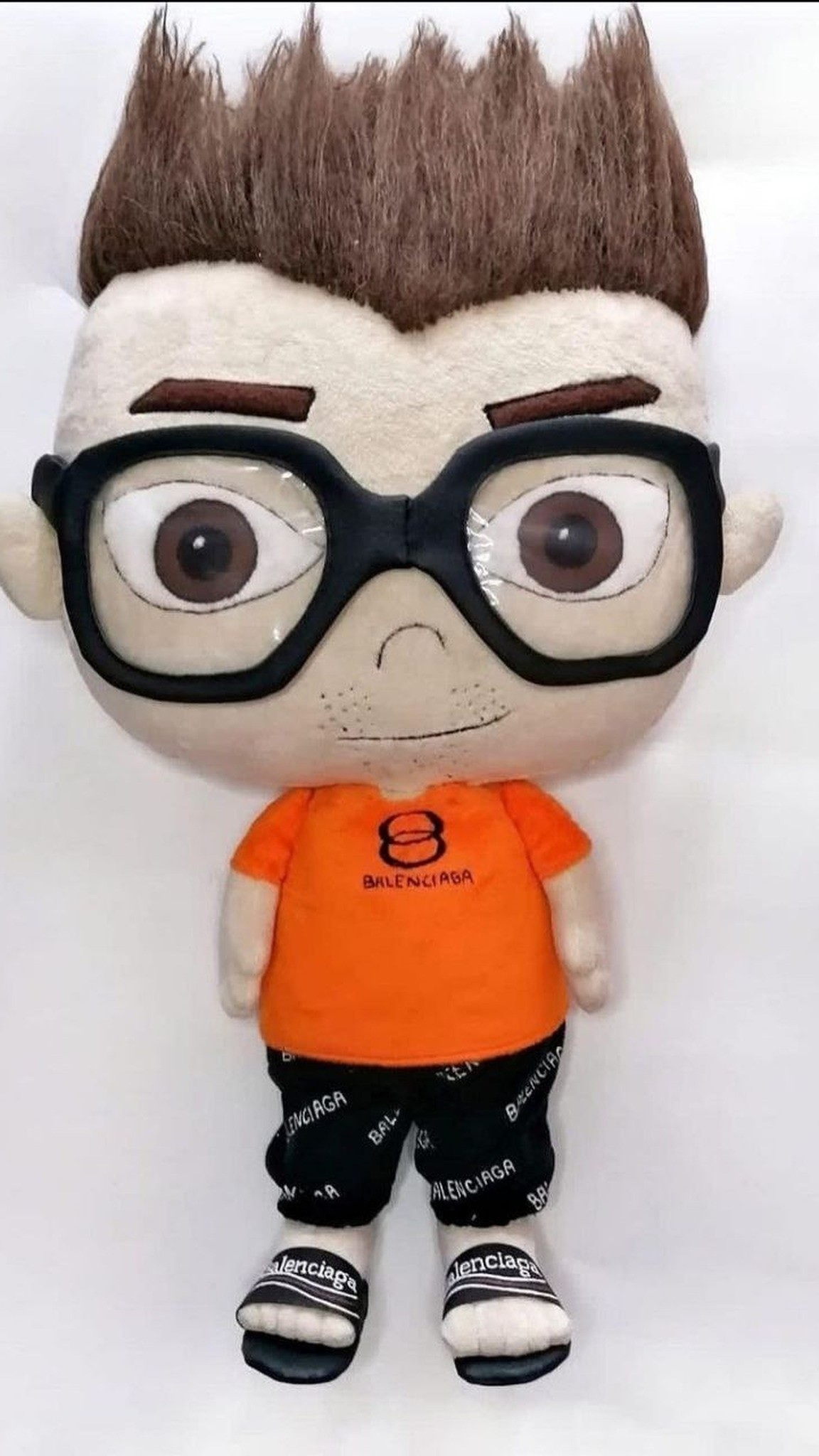 Anime portrait doll with clear-lens faux leather glasses, orange tee and slide sandals, made to order