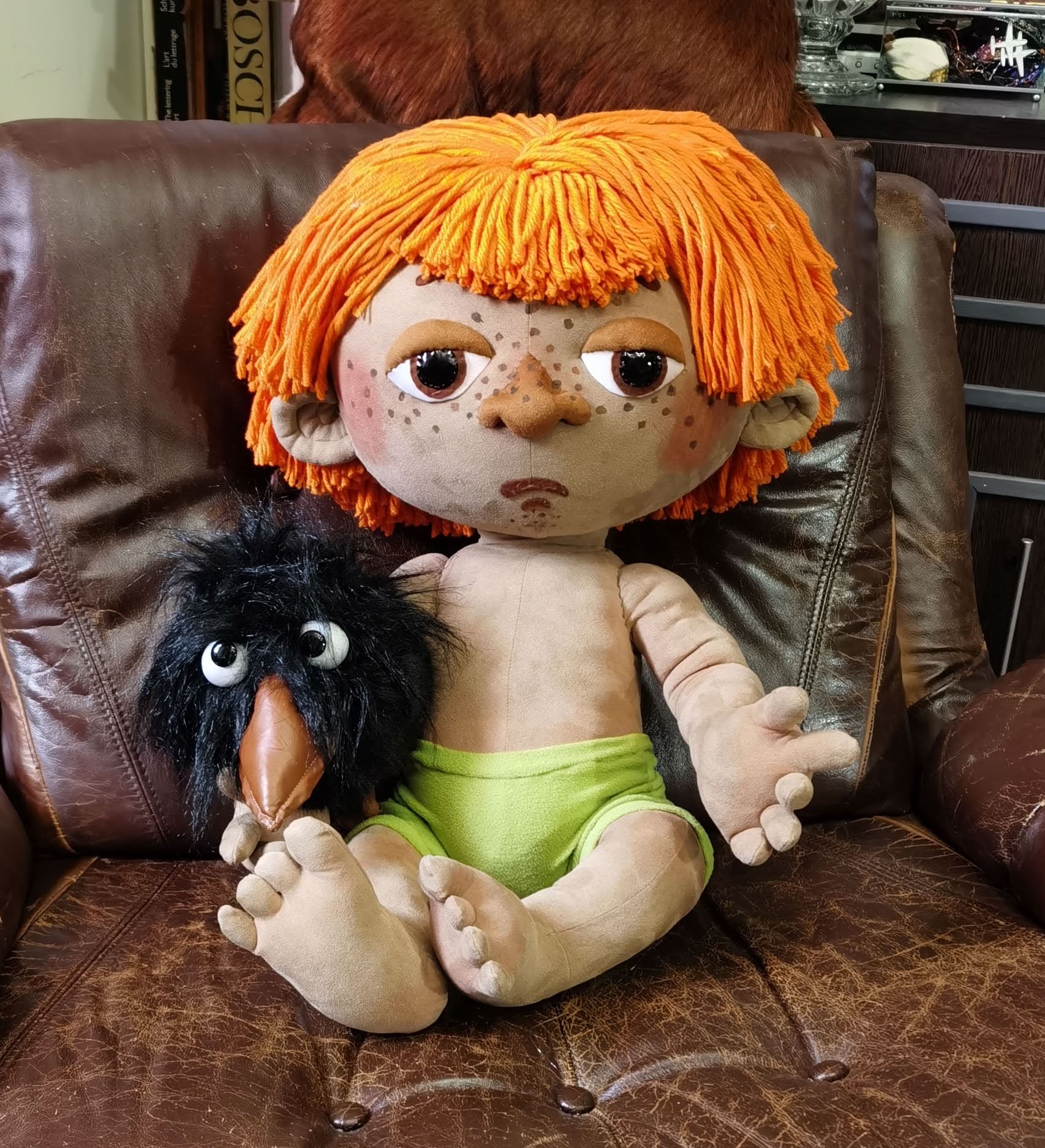 Antoshka doll with orange yarn hair Antoshka doll with a thick orange yarn fringe, freckles and lime green shorts, crow at his side, made to order