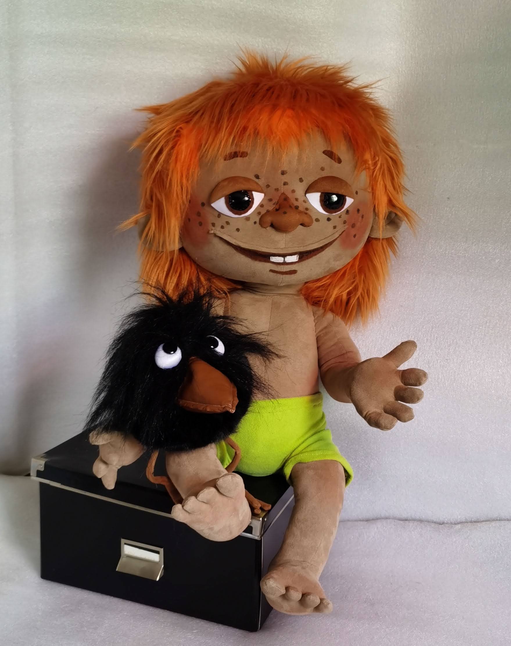 Antoshka doll with red hair and freckles Handmade Antoshka doll with orange faux fur hair and painted freckles, sitting with his crow, made to order