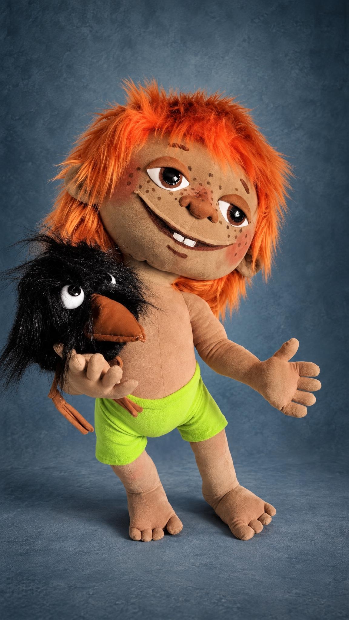 Custom Antoshka doll holding a black faux fur crow, grinning with two front teeth, handmade to order