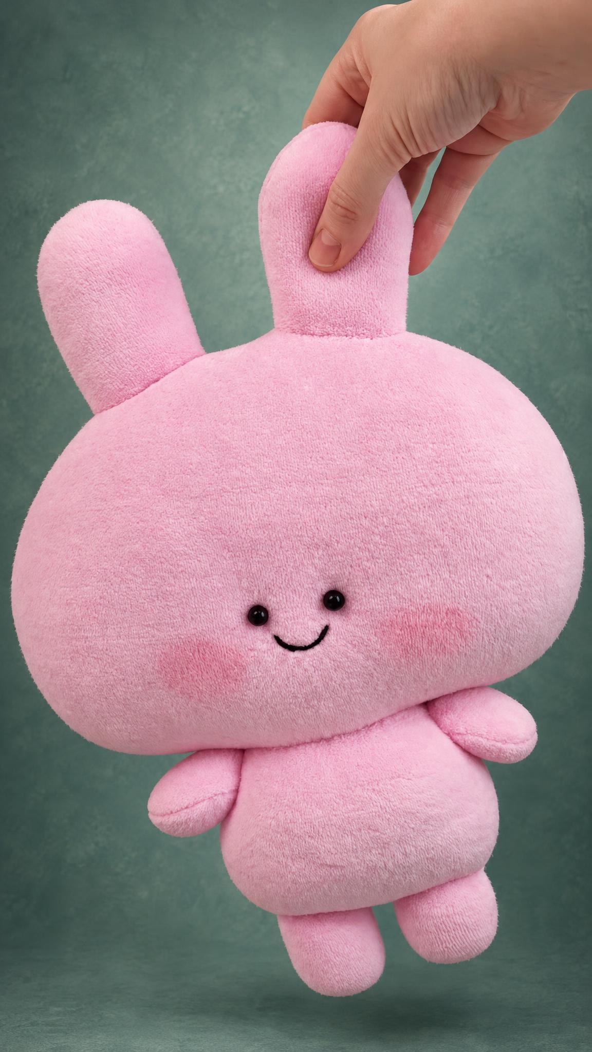 Asamimi-chan plush toy held up by one long ear, soft pink fabric, tiny body and stubby legs, sewn to order