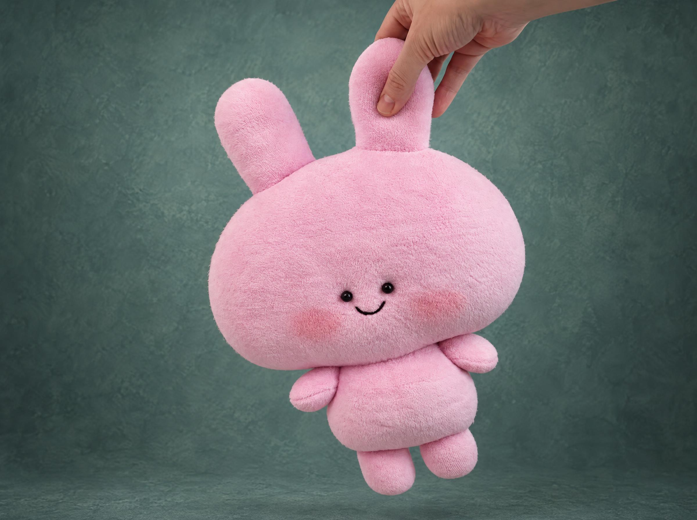 Handmade Asamimi plush, pink bunny with a big cloud-shaped head, rosy cheeks and a stitched smile, made to order