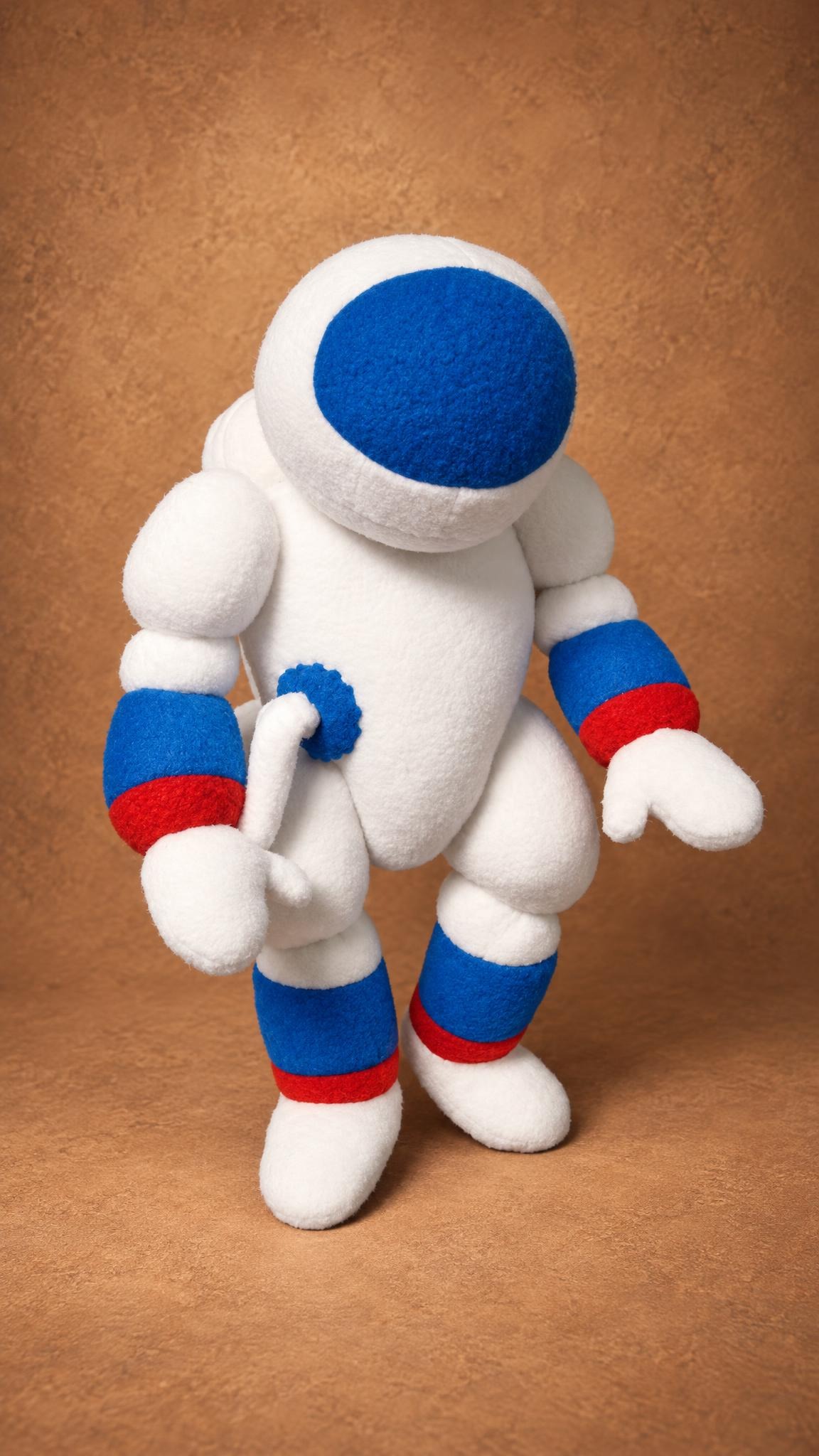 Handmade cosmonaut plush with blue and red cuffs and a chest hose, made to order for a TV show
