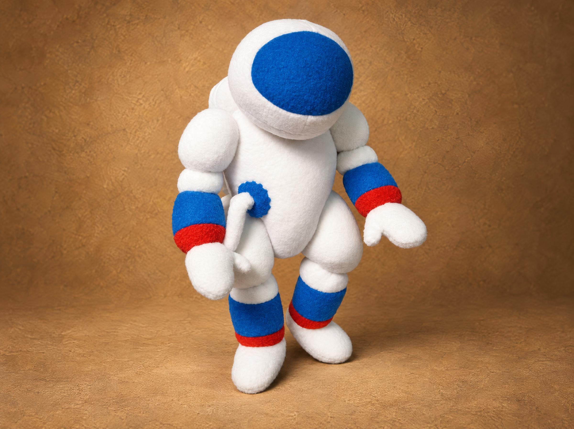 Astronaut plush cosmonaut in white fleece with a blue visor, sewn by hand to order for a kids TV show
