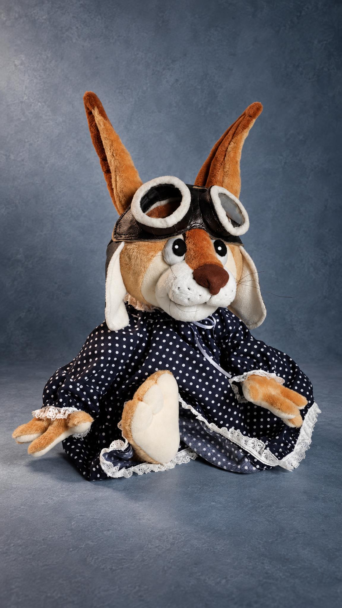 Custom storybook bunny plush in a lace-trimmed polka-dot dress, Aunt Zinnia sewn by hand to order