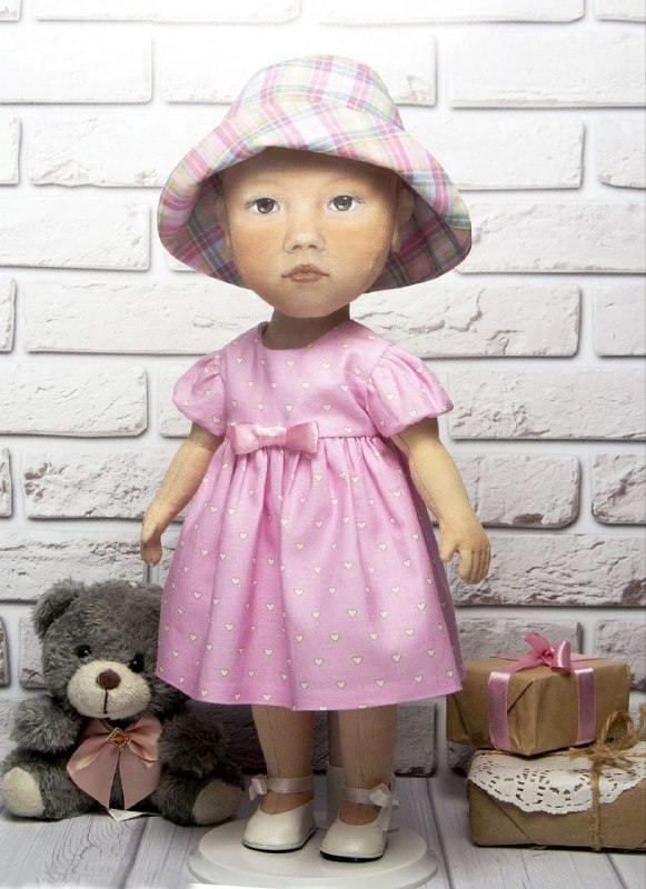 Baby portrait doll in a pink dress and sun hat Baby portrait doll in a pink dress, plaid bucket hat and white ribbon shoes, handmade to order from a photo