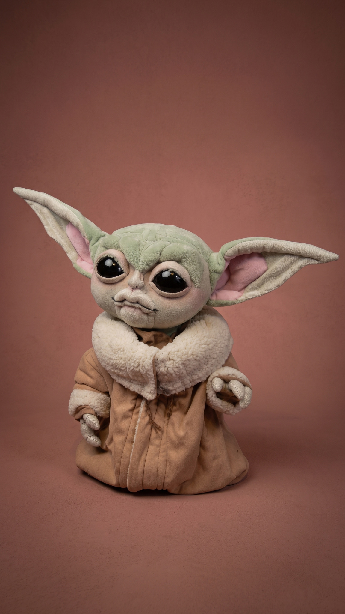 Baby Yoda stuffed animal handmade to order: pouty mouth, black eyes, pink-lined ears, three-finger plush hands
