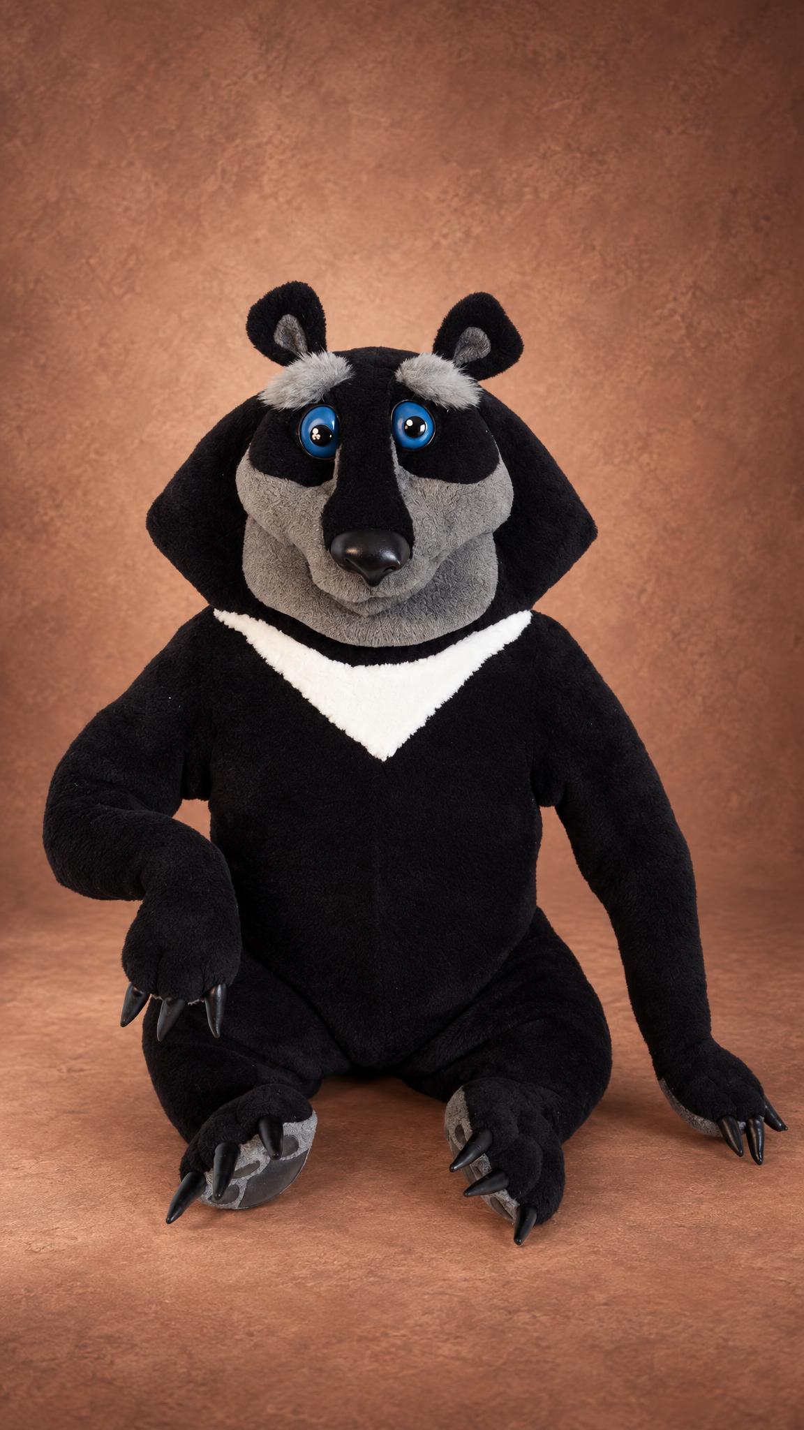 Handmade Baloo bear plush from The Jungle Book, Soviet cartoon look, black plush body and grey face, custom