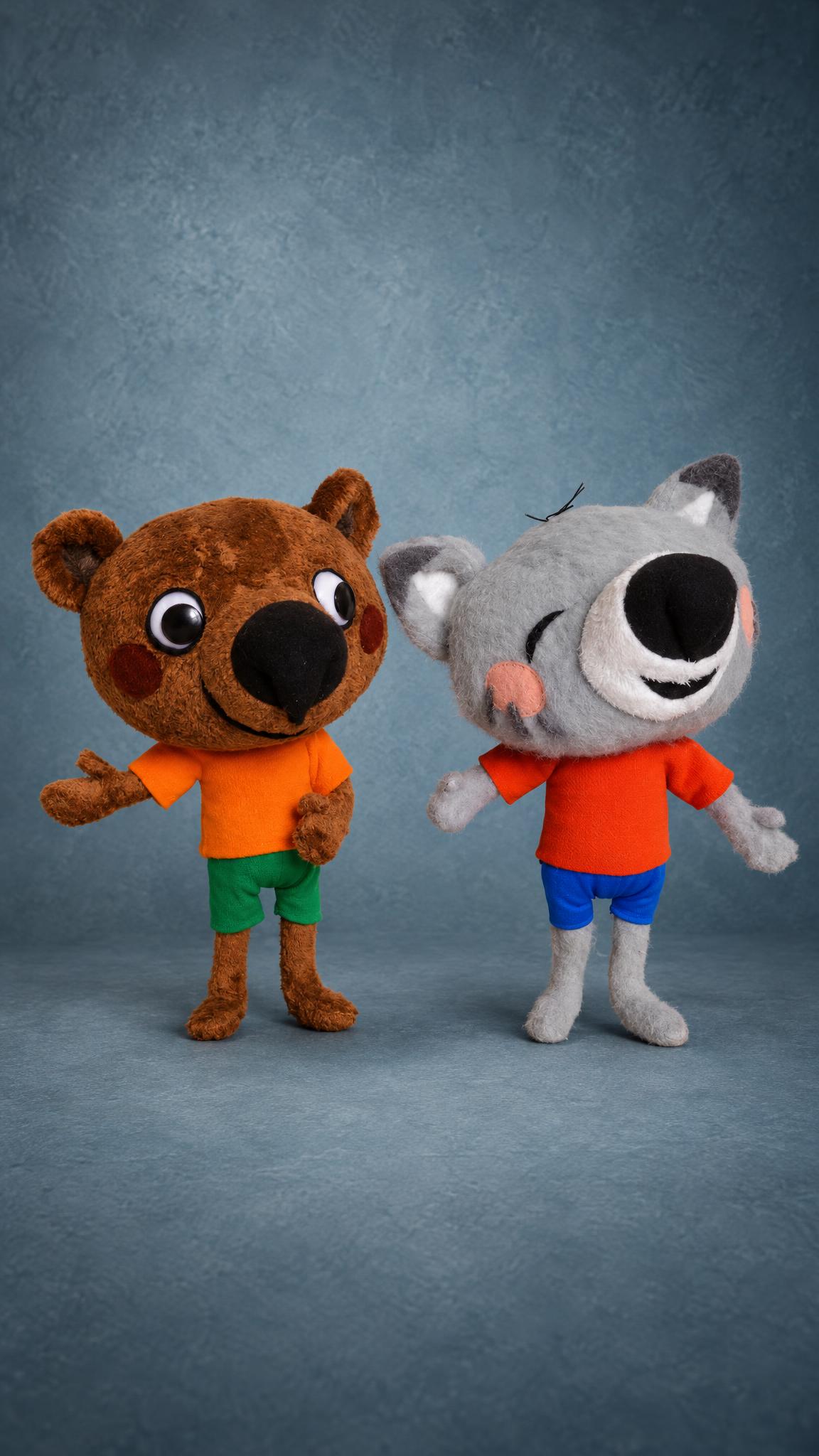 Custom cartoon bear and cat plush in T-shirts and shorts, brown and grey faux fur, sewn by hand to order