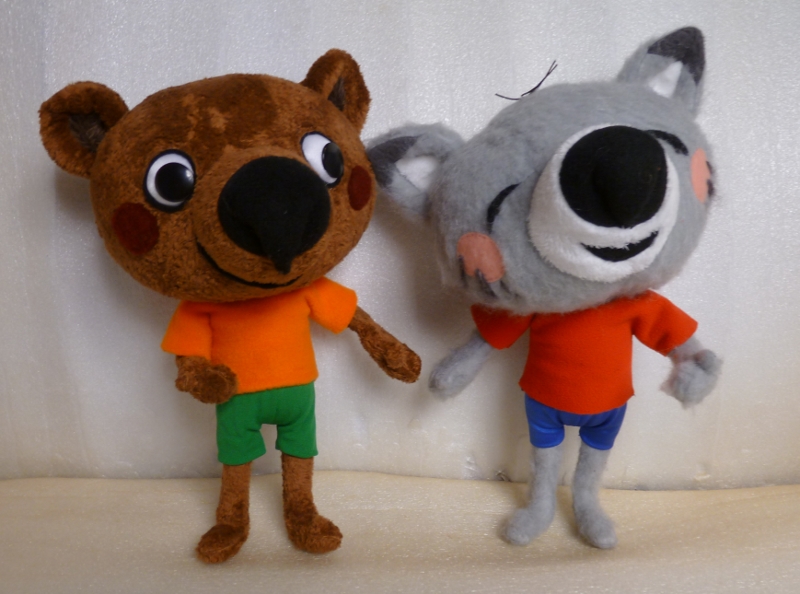 Cartoon cat and bear plush friends, made to order Cartoon cat plush leaning toward her friend the bear plush, grey and brown faux fur, handmade to order