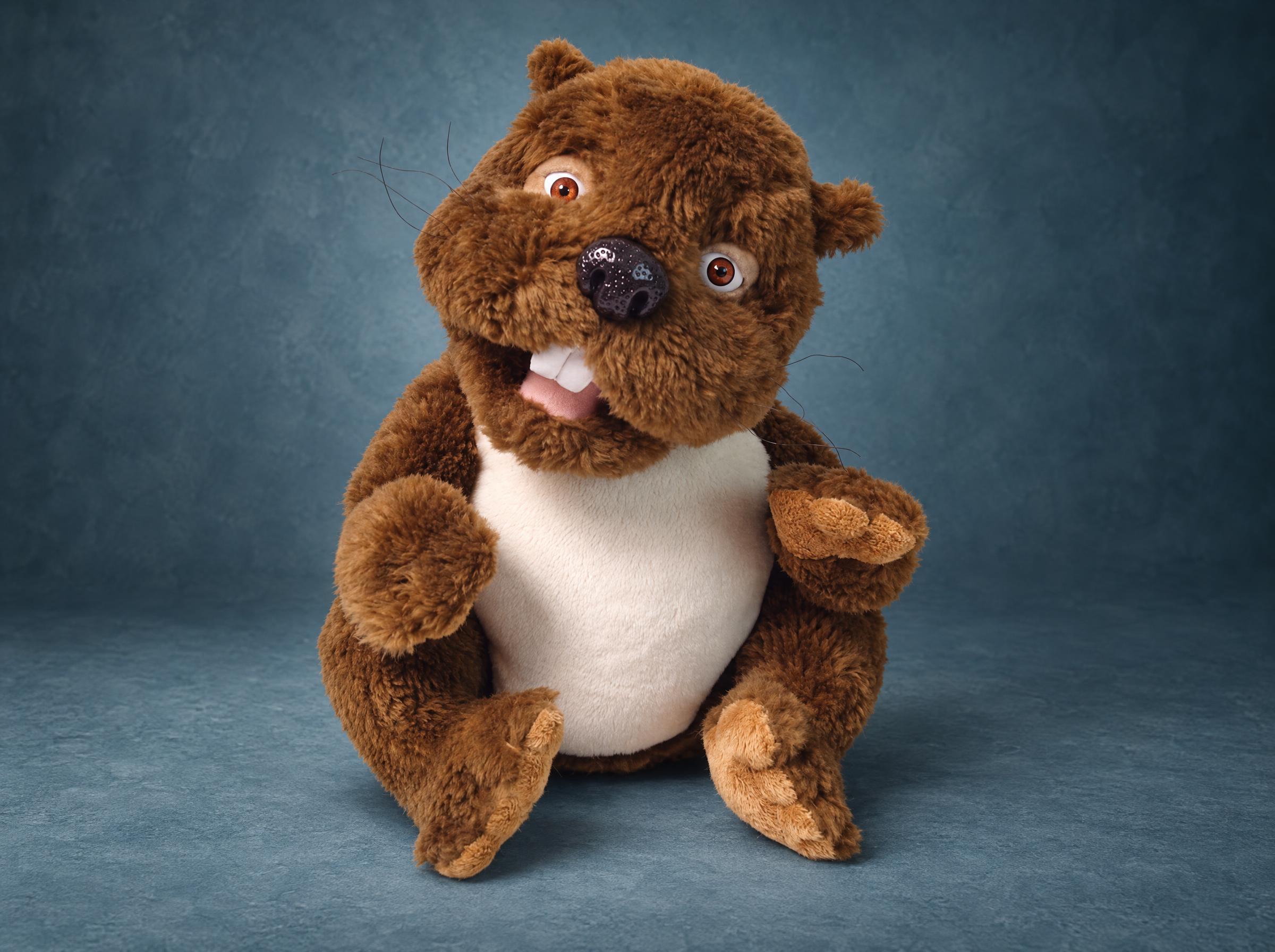 Custom beaver plush from The Beaver movie, handmade to order: shaggy brown faux fur, buck teeth, cream belly