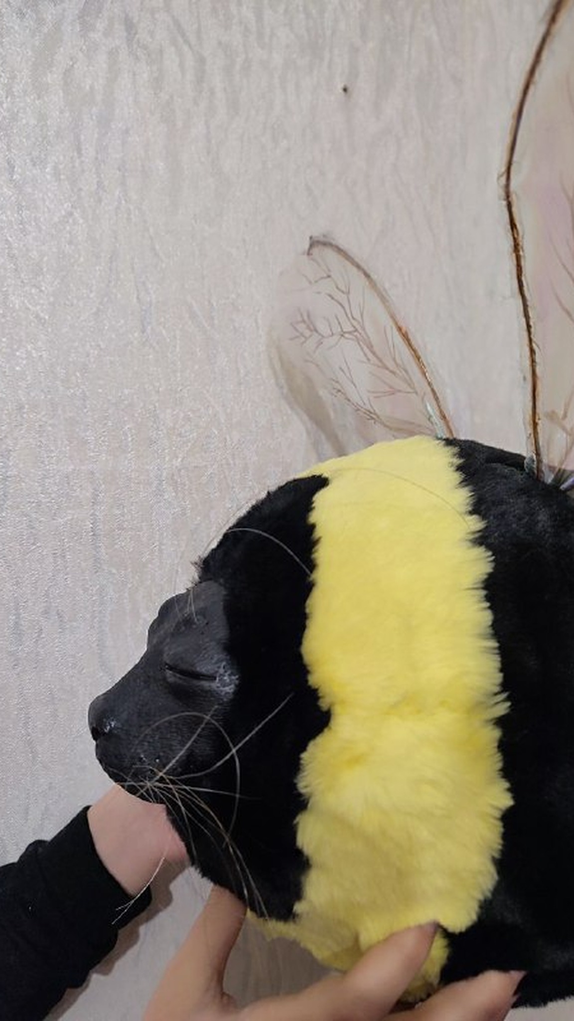 Custom bee seal plush made to order: sleepy black seal face, thin whiskers, yellow and black faux fur stripes