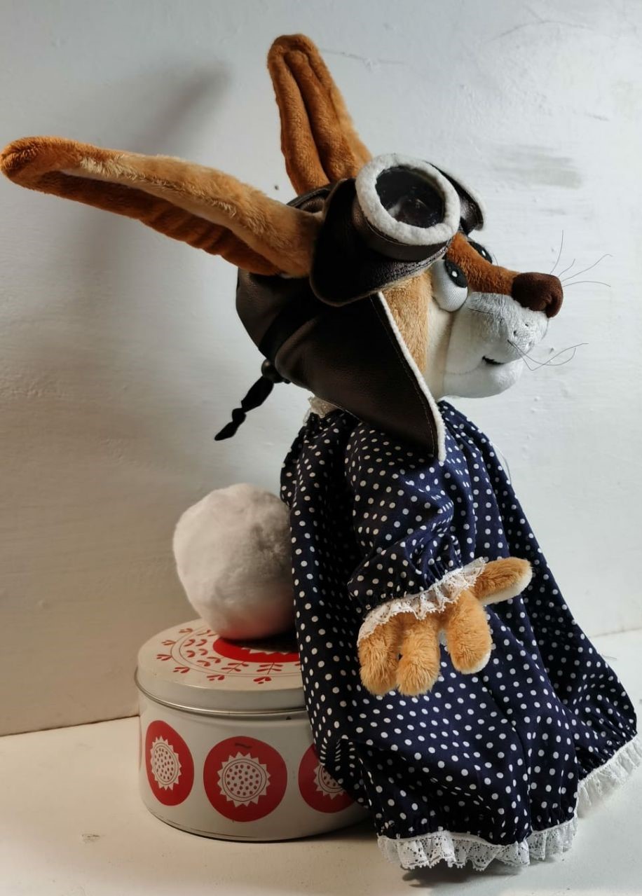 Beechwood Bunny Tales plush, Aunt Zinnia Beechwood Bunny Tales plush of Aunt Zinnia in goggles and a lace-hemmed dress, custom bunny sewn to order