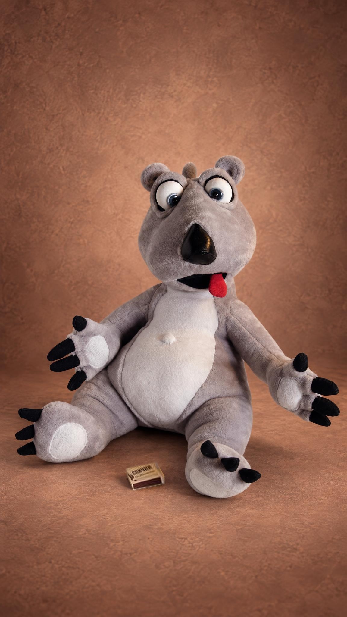 Handmade Bernard polar bear plush from the cartoon, custom made: white paw pads, black claws, red tongue