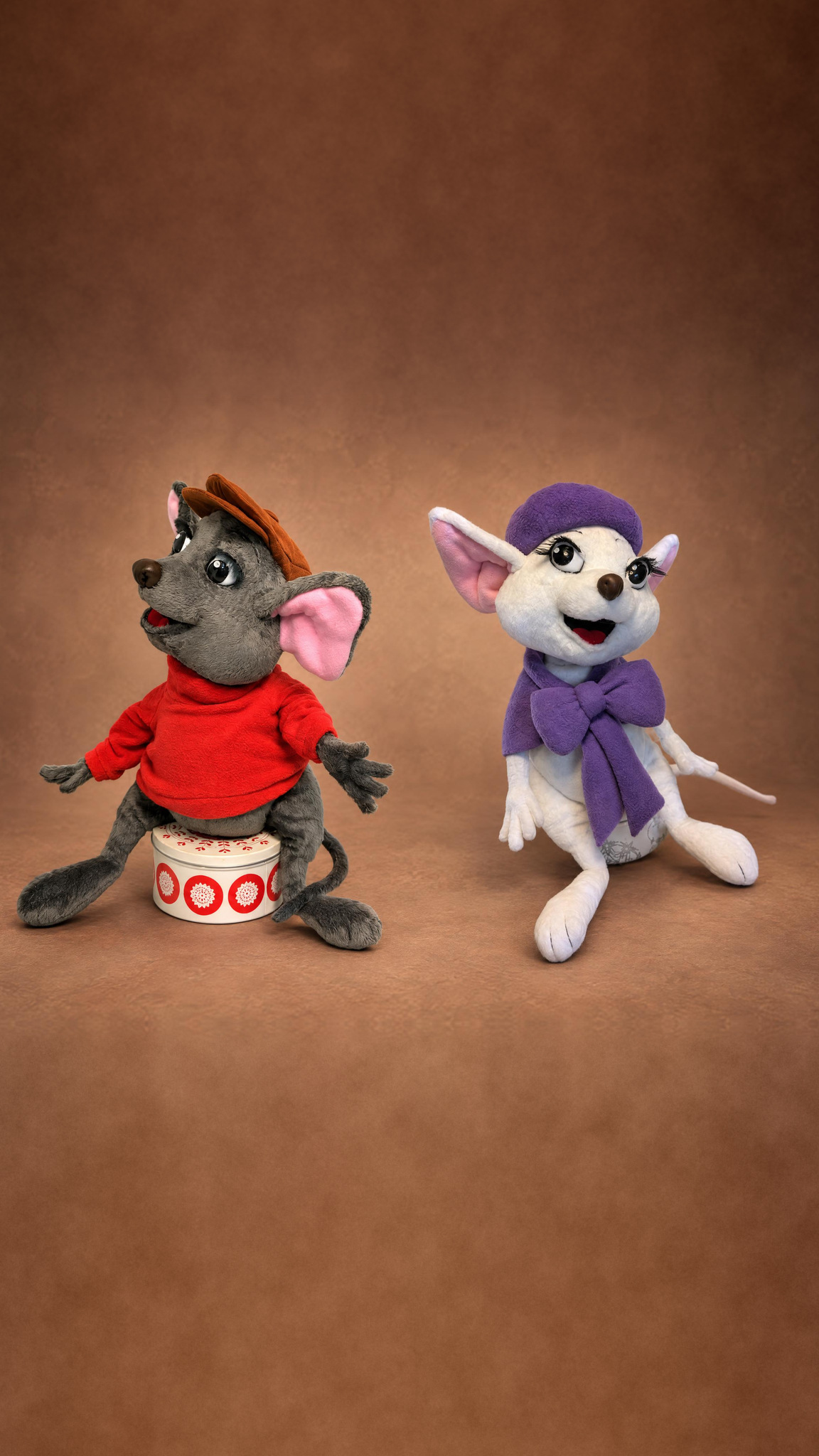 Bianca and Bernard plush from The Rescuers, two custom Disney mice with long tails, sewn by hand to order