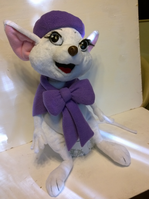 Bianca plush with purple bow Custom Bianca plush, The Rescuers mouse with a purple bow, pink ears and a long white tail, sewn to order