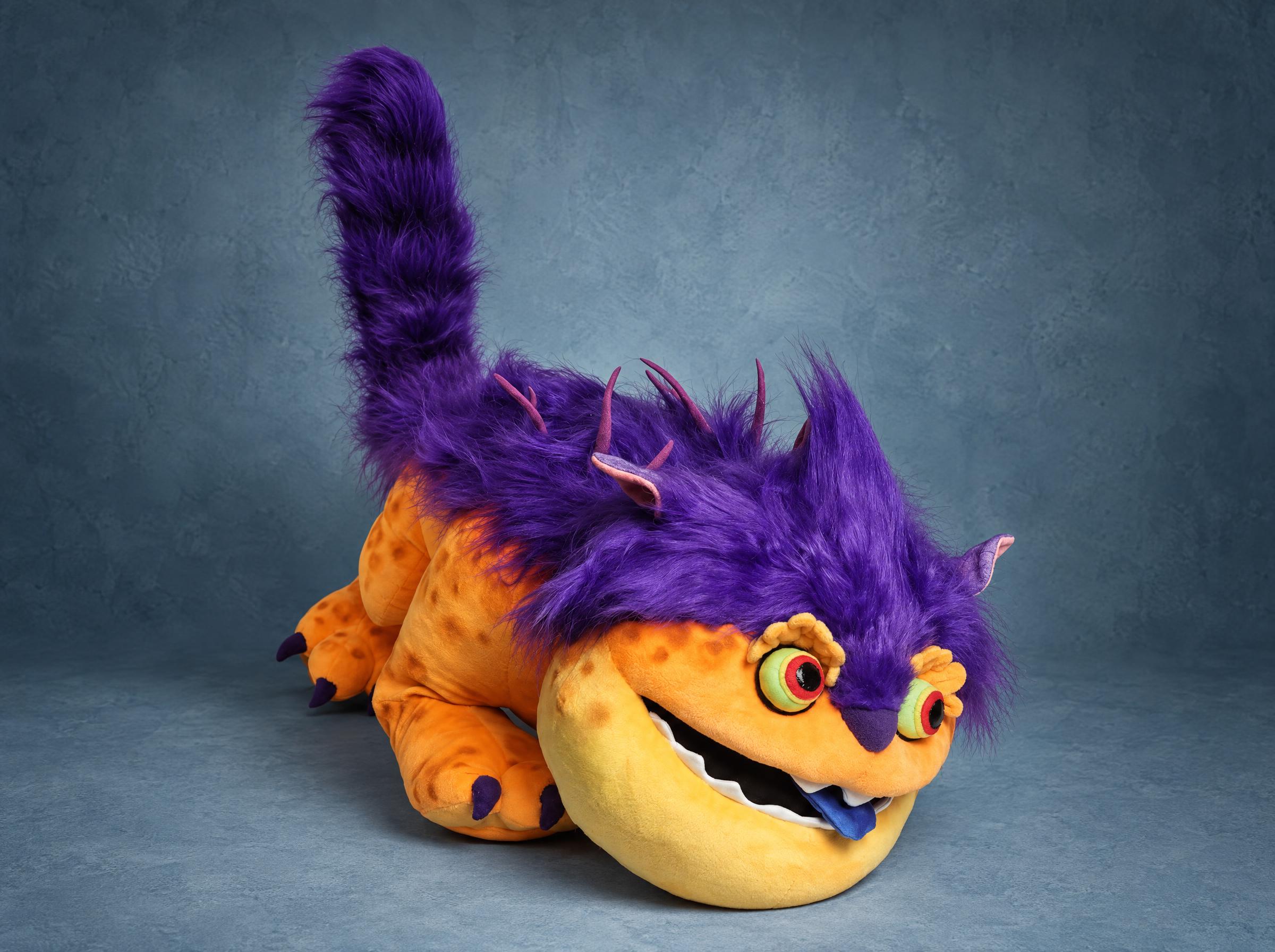 Big Orange plush from Bernard: Mission Mars, orange monster with purple faux fur and striped tail, made to order