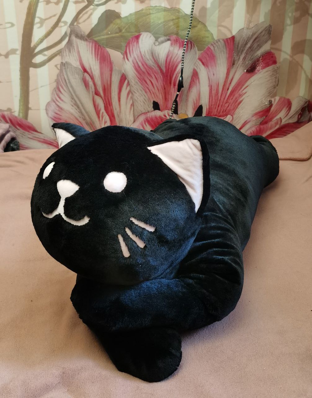 Black cat stuffed animal pillow, custom Black cat stuffed animal pillow sewn to order, black plush head with pink ear linings and long body behind