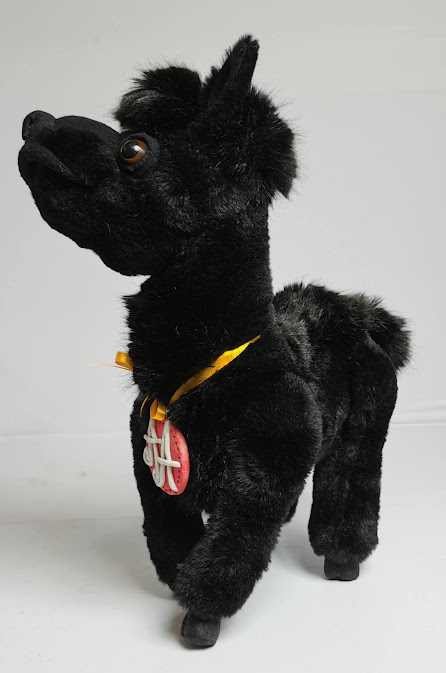 Black faux fur llama plush with thin legs Soft llama toy from a photo: dark faux fur, thin legs, brown eyes and a monogram tag, made to order