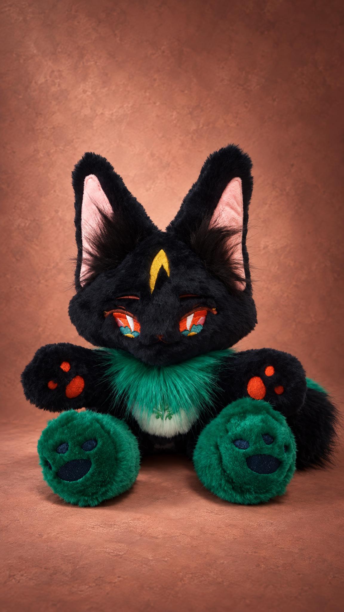 Custom black fox plush sewn to order: orange embroidered toe beans, green faux fur paws, crescent on forehead