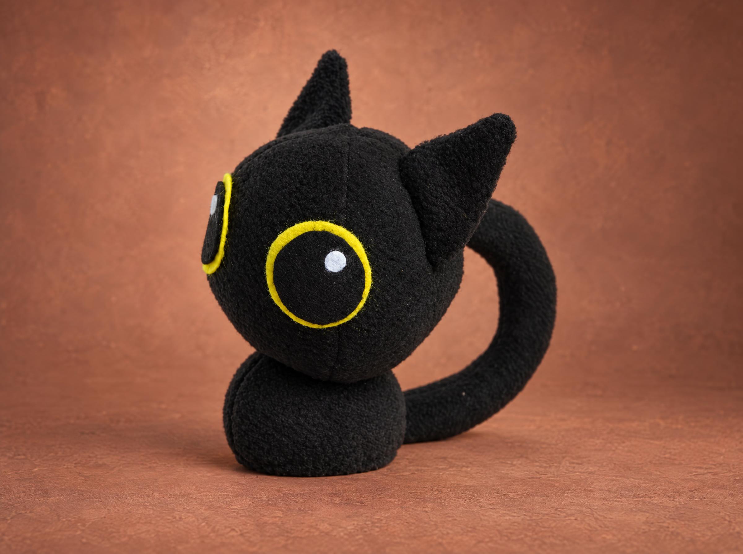 Black kitten plush with huge yellow-rimmed felt eyes, sewn by hand to order from a customer's drawing