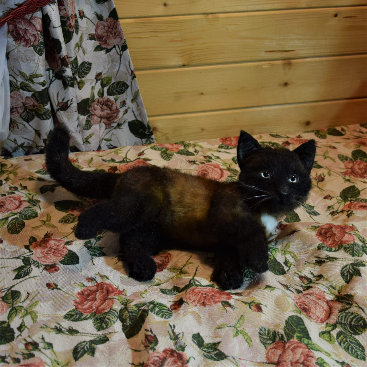 Black kitten plush lying with tail raised Black kitten plush lying down with its long tail raised, black and brown faux fur, handmade to order