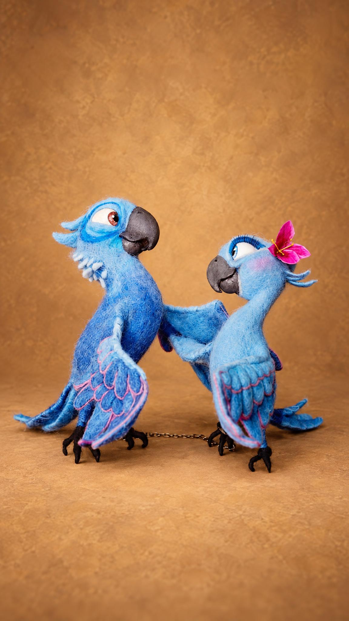 Handmade Blu and Jewel felted macaws from Rio, Jewel with a pink flower and lashes, Blu with white chest tufts