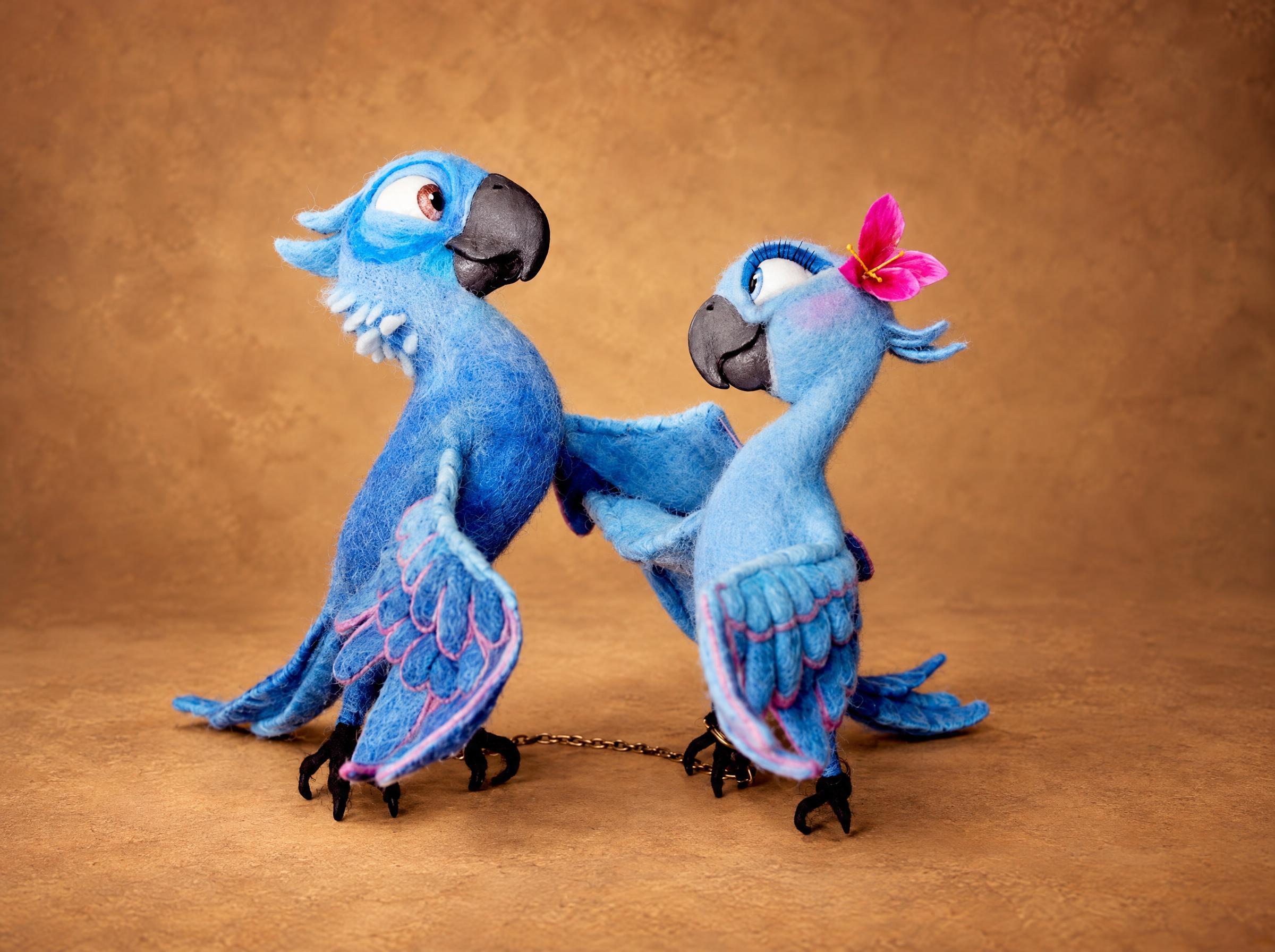 Blu and Jewel plush from Rio, two needle-felted blue macaws dancing with a chain at their feet, made to order