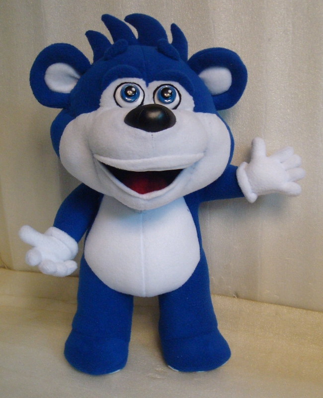Blue bear plush without his clothes Blue bear plush with removable clothes taken off: white tummy, spiky blue tuft and wide grin, made to order