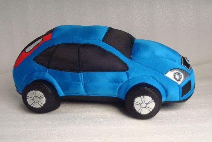 Blue car plush with stitched windows Handmade blue car plush with black fabric windows, silver headlights and fat black wheels, made to order
