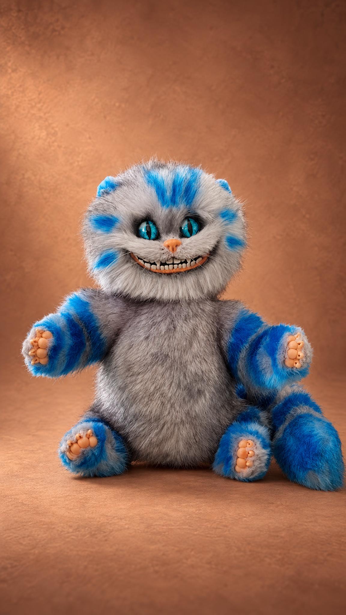 Custom Cheshire Cat plush with arms out, grey fur, blue stripes and a sculpted grin, sewn by hand to order
