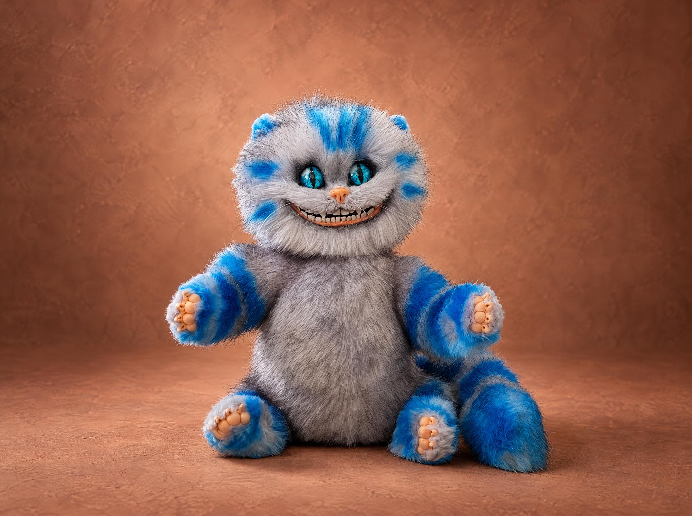 Blue Cheshire Cat plush in grey faux fur with blue stripes, turquoise eyes and a toothy grin, handmade to order