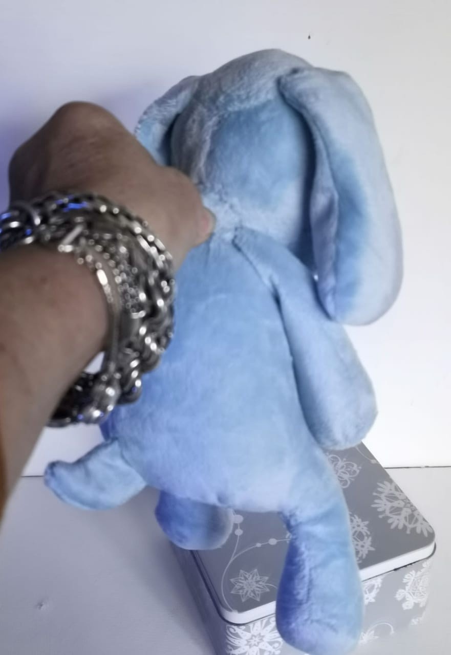 Blue dog plush in soft faux fur Blue dog plush in soft faux fur held up by hand, short upright tail, made to order from a photo
