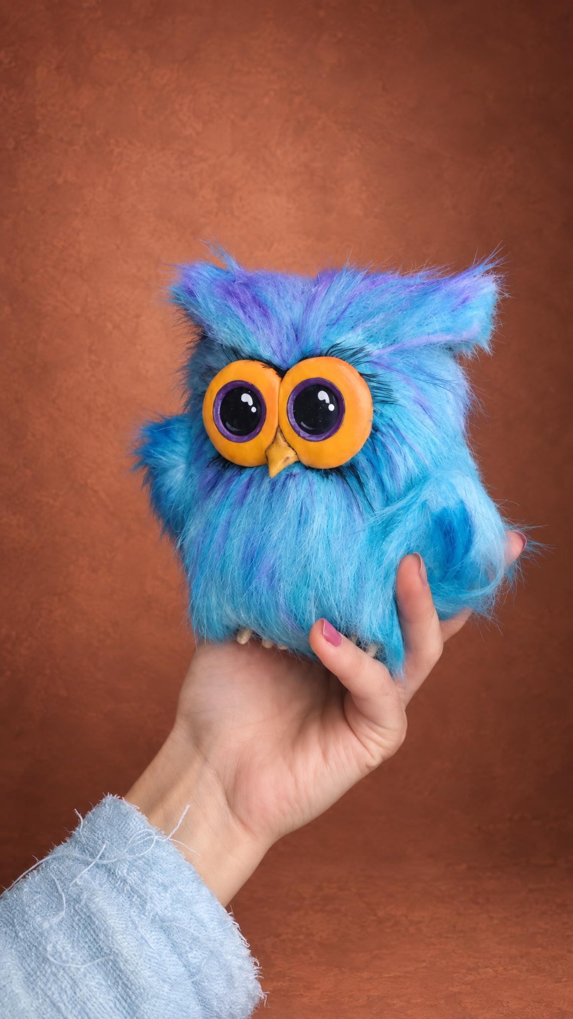 Blue owl keychain plush sewn to order: fits in one palm, ruffled faux fur tufts, glossy clay eyes, small beak