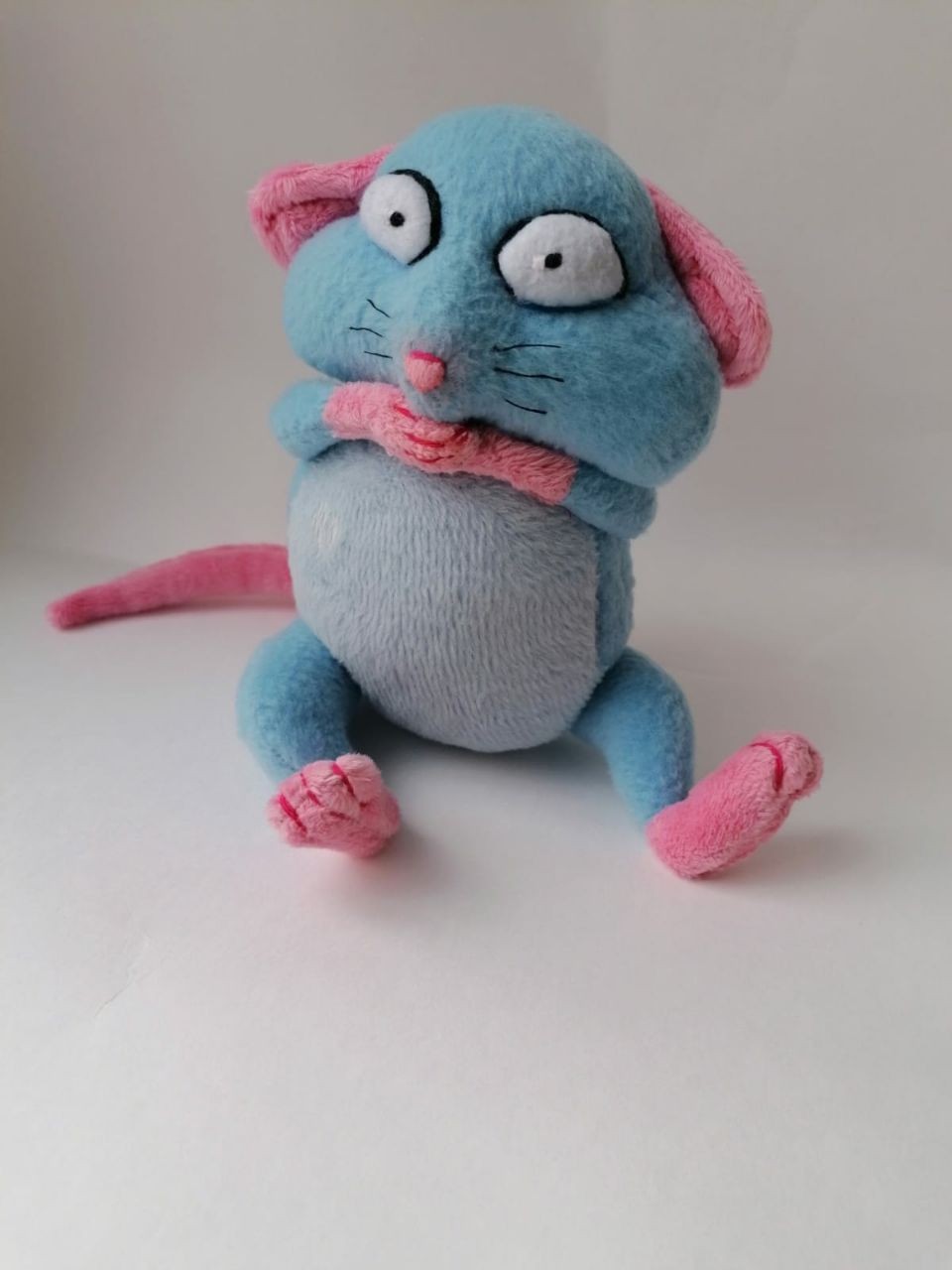Blue rat plush with pink feet Blue rat plush sitting with a pale blue belly, pink feet with red toe lines and a long tail, handmade to order