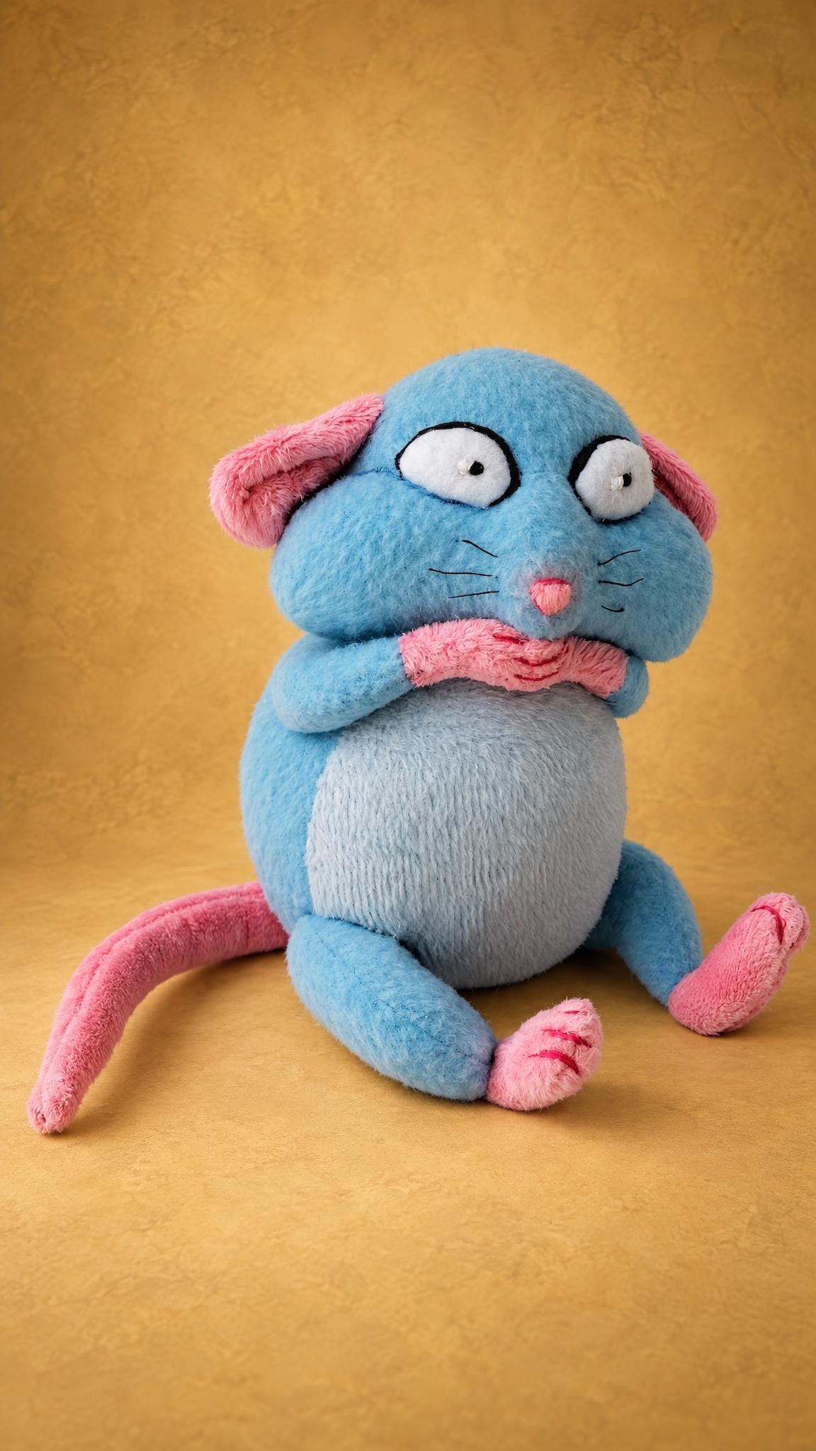 Blue rat sticker plush with huge worried eyes and pink paws, handmade to order