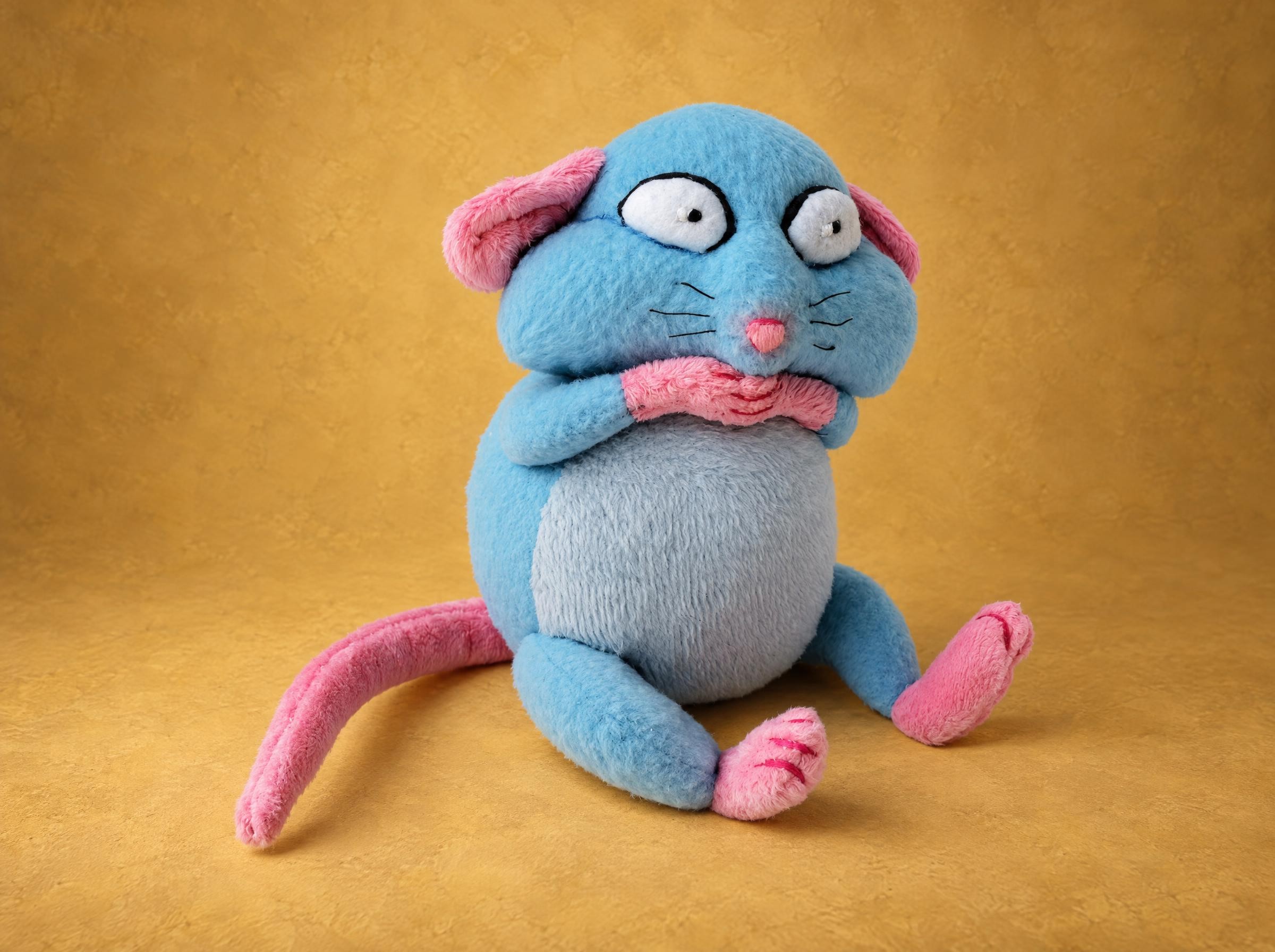 Blue rat plush sewn to order from a chat sticker, sky-blue faux fur, pink paws over its mouth, long pink tail