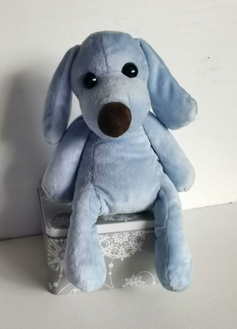 Blue stuffed dog with floppy ears Blue stuffed dog with long floppy ears, black bead eyes and a round brown nose, made to order