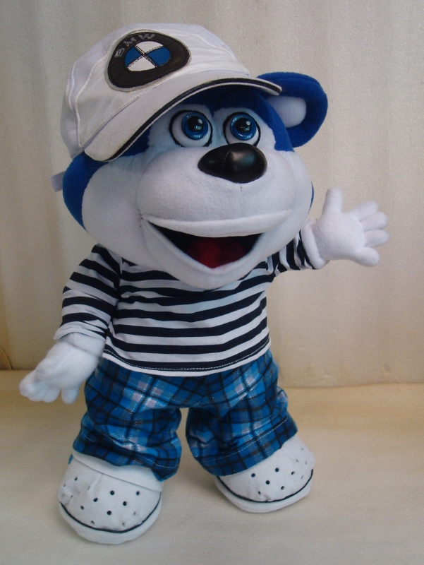 Blue teddy bear in a striped top Blue teddy bear plush in a striped top, plaid trousers and felt Crocs-style clogs, custom made from a drawing
