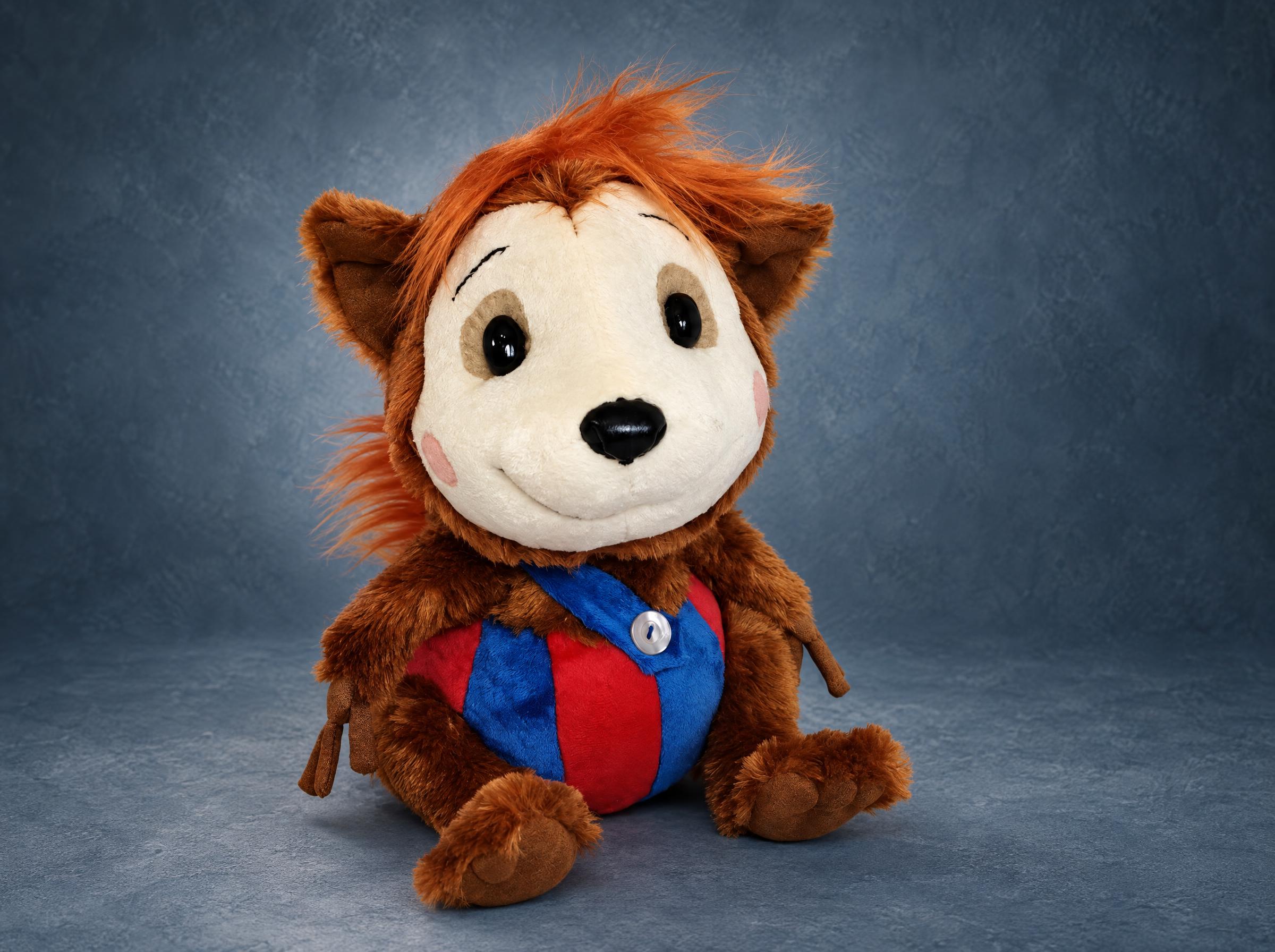 Bobo dormouse plush, made to order from the picture books: ginger faux fur tuft, red and blue striped romper