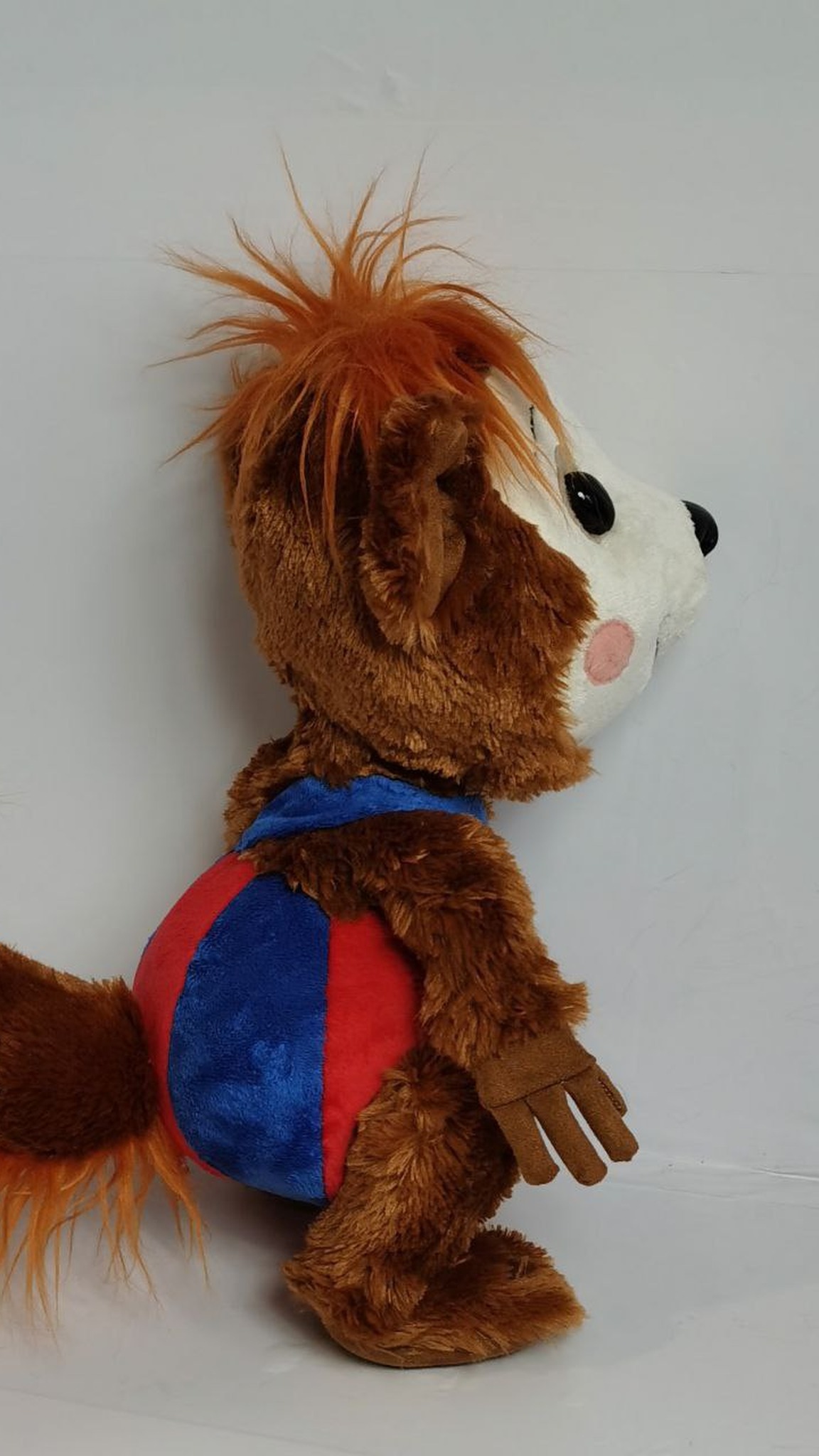 Bobo dormouse plush made to order: big bushy ginger faux fur tail, round striped romper and brown faux fur